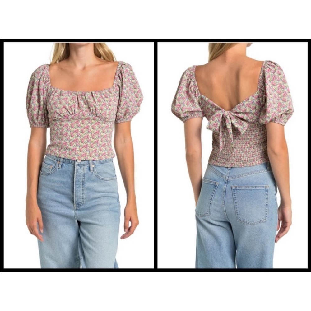 Astr Floral Puff Sleeve Square Neck Tie-Back Top size large